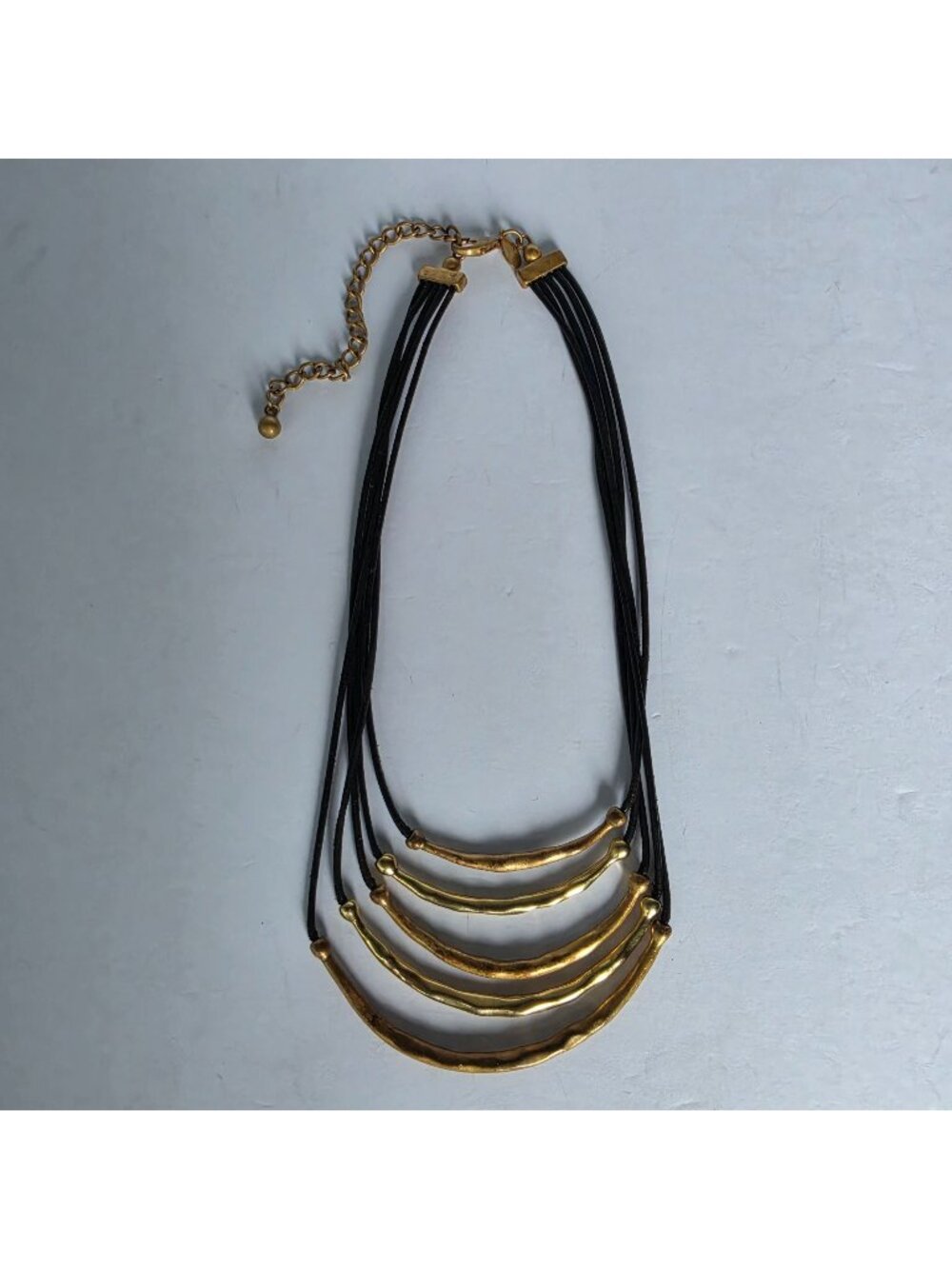 Chico’s Gold Tone Multi Strand Black Cord Statement Necklace Sculptural Boho